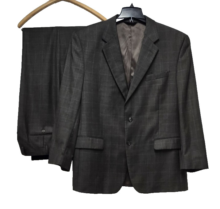 Jos A Banks 100% Wool Mens Dk Gray 46R 2 Pc Suit with Cuffed Pleated Pants 40×29