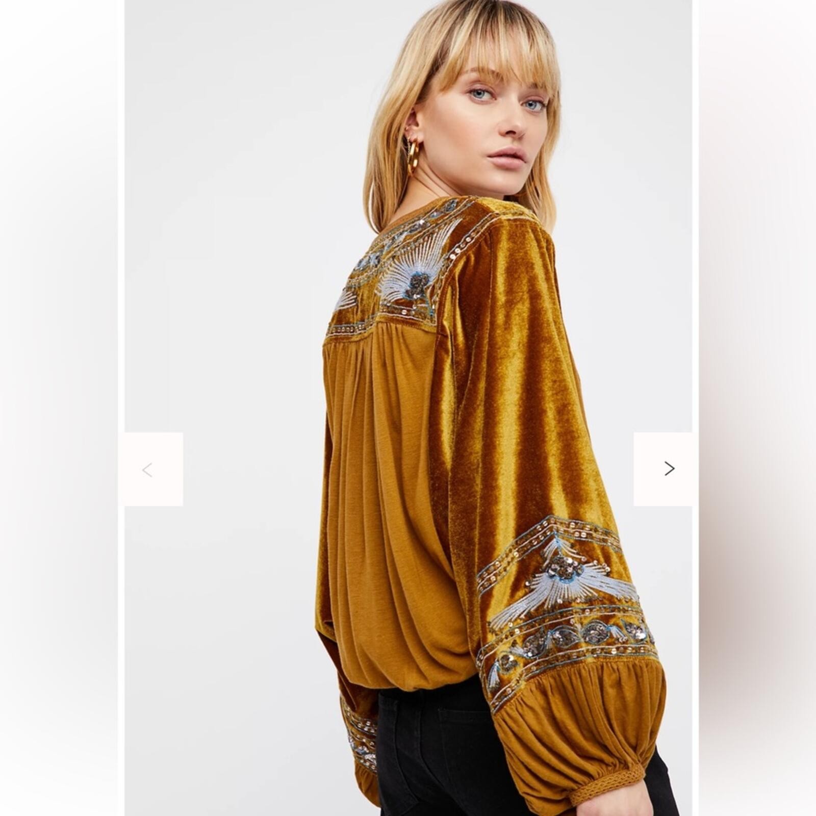Free People Hearts Aflame Oversized Gold Velvet Embroidered Blouse