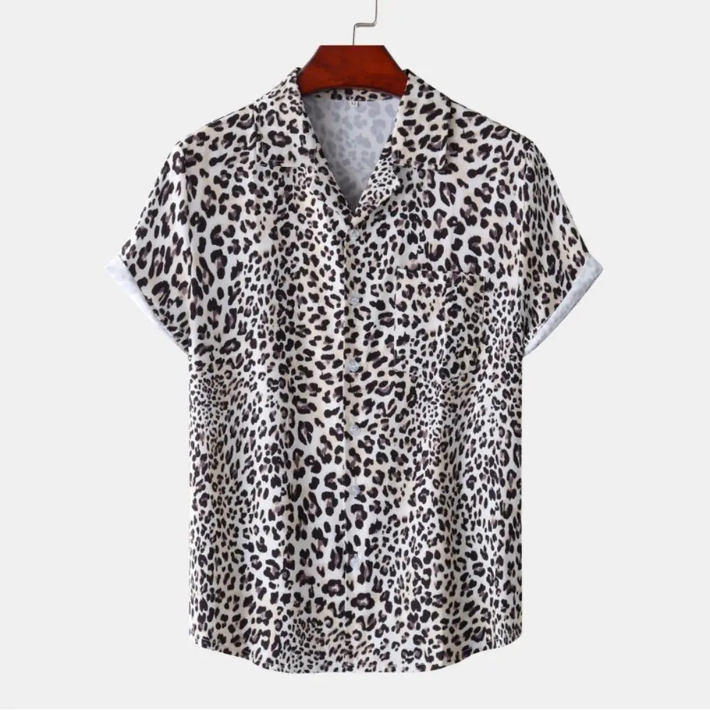 Men’s Leopard Print Oversized Short Sleeve Button-Up Shirt with Lapel