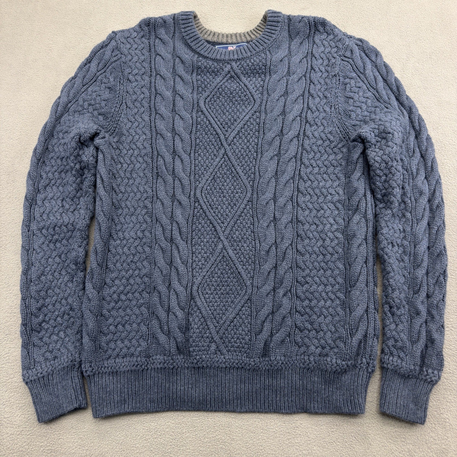 Vineyard Vines Cable Knit Fisherman Sweater Mens M Navy Blue Merino Wool Blend