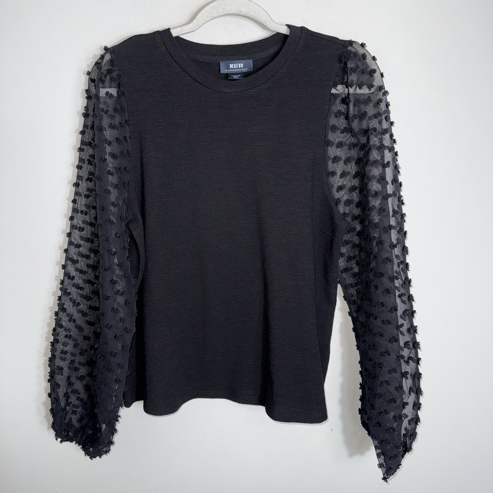 Maeve Anthropologie Pullover Blouse-Puff Semi Sheer Polka Dot Sleeves-Black-Med
