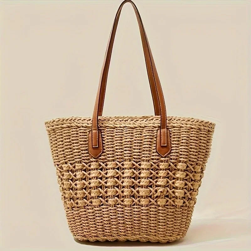 Women’s Hollow Straw Tote Bag Large Capacity Beach Travel Shopping Handbag