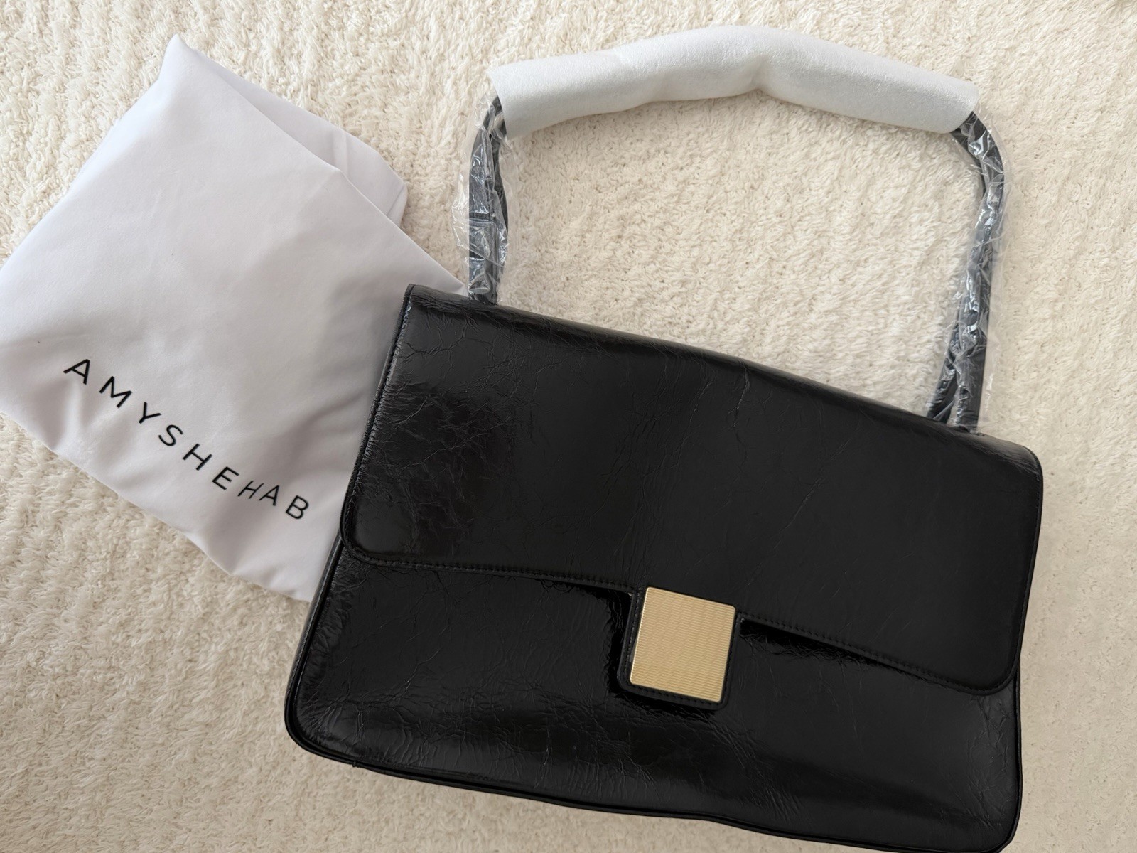 AMYSHEHAB Black Shoulder Bag Flap Closure Gold Hardware Dust Bag Pockets