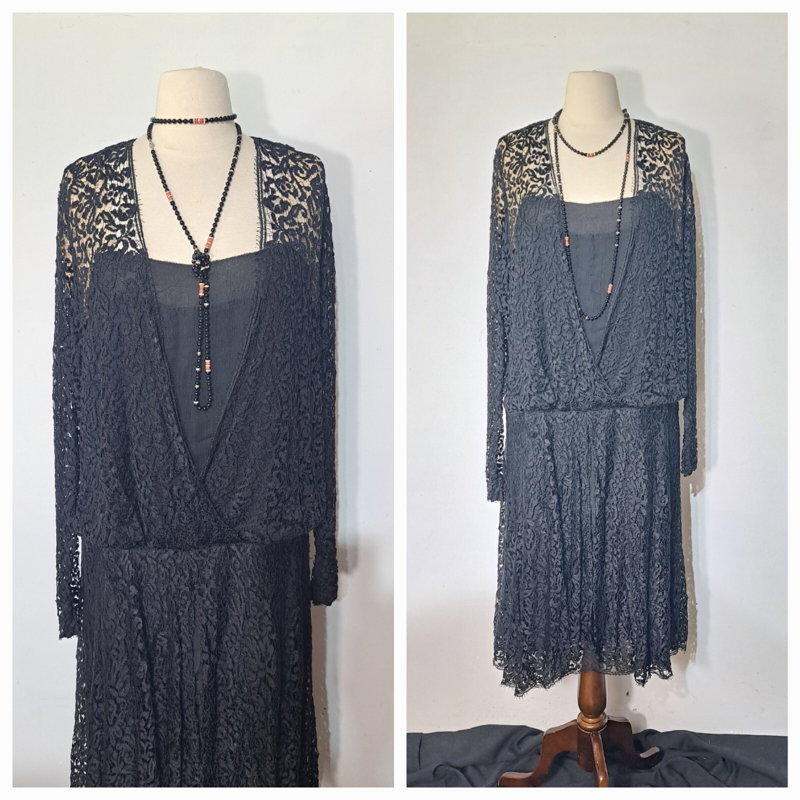 Antique 1920s Dress Black Lace over Silk Dropped Waist Long Sleeve