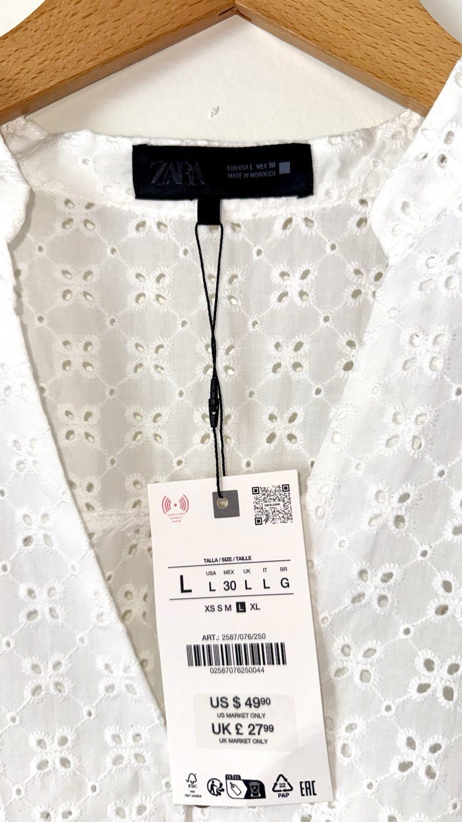 NWT Zara White Eyelet Embroidered Cotton Blouse Top Size L
