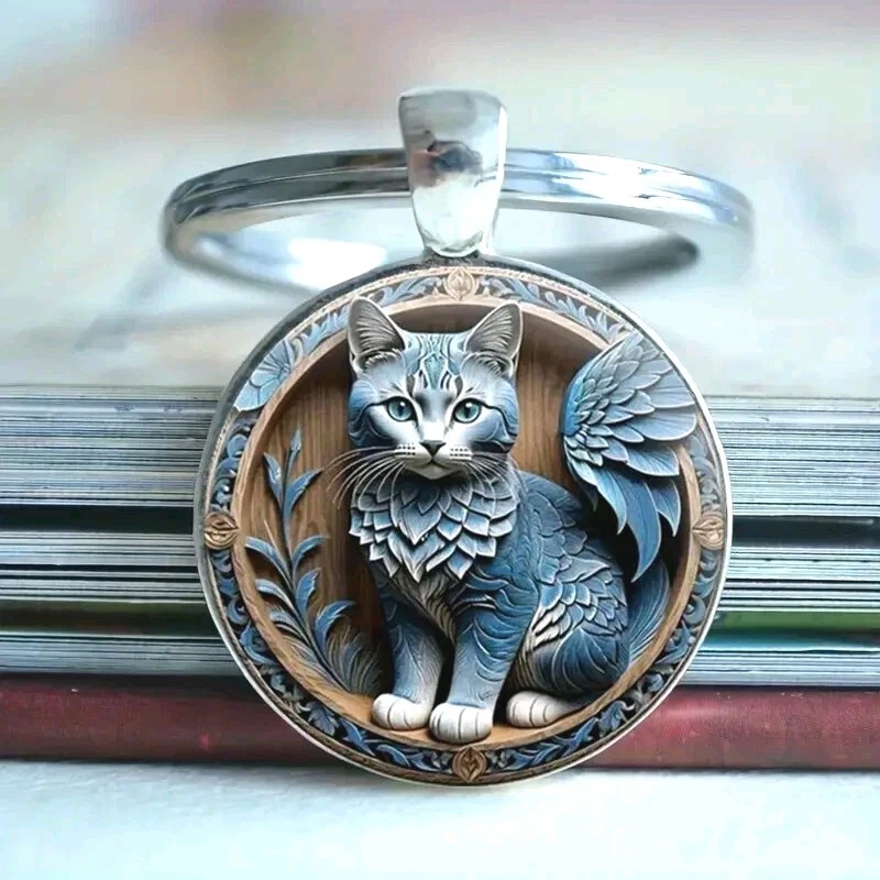 Cute Blue Cat Key Ring Keychain Women Men Cat Lover Gift