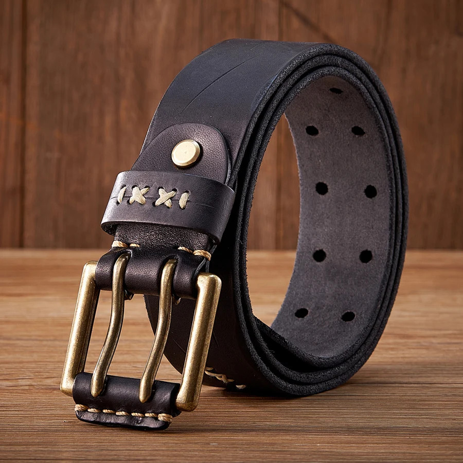 3.8CM Original Genuine Leather Army Tactical Belt Double-needle Buckle Men’s