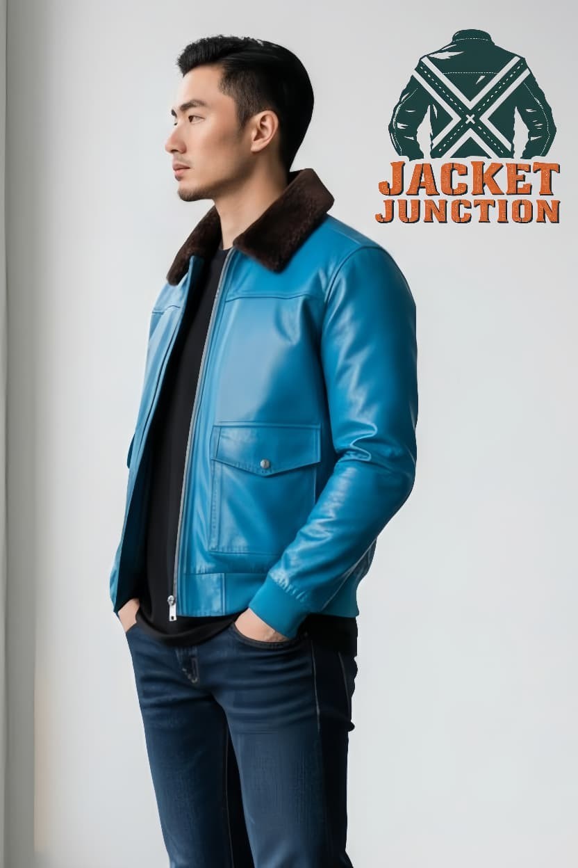 Men’s Lambskin Leather Bomber Jacket Faux Fur Collar Aviator Pilot Coat