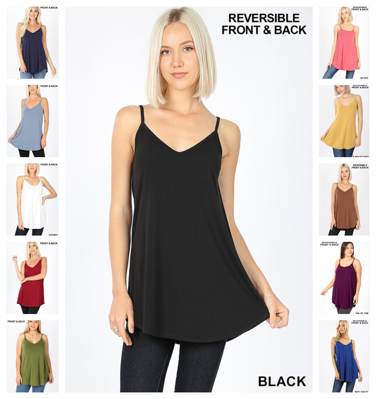 ZENANA Reversible Scoop n V neck Tunic Tank Top Cami Flowy Rayon REG N PLUS S-3X