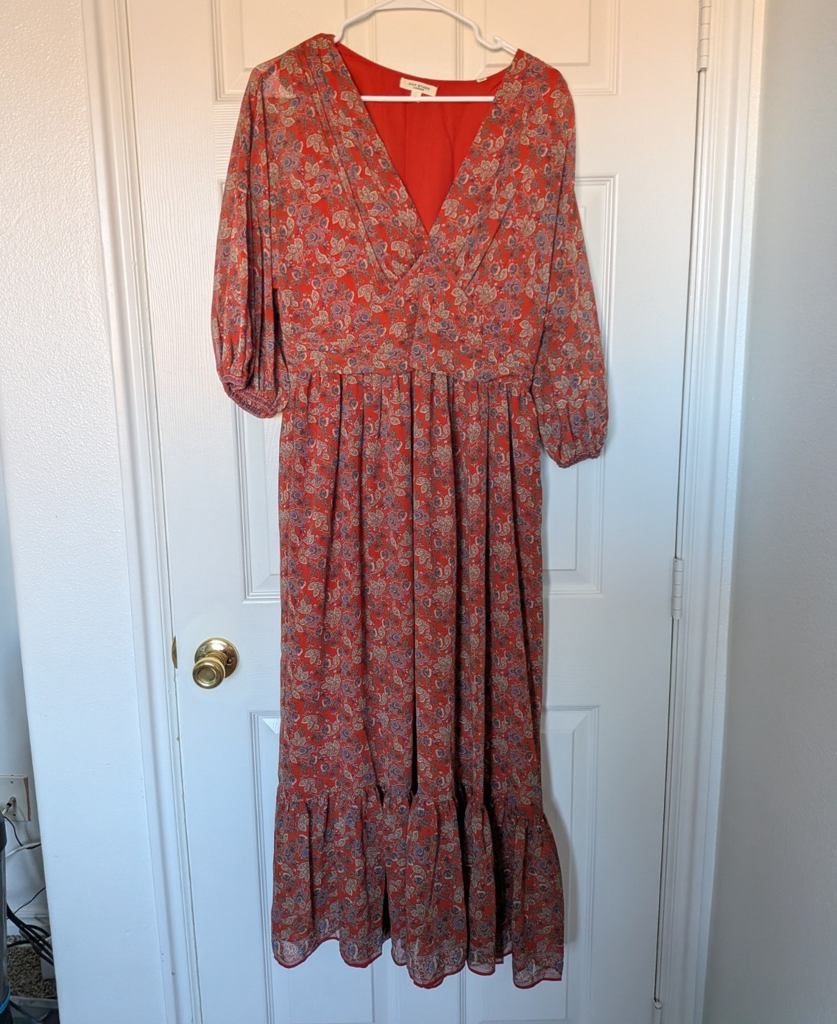 Max Studio London Women’s L Red Paisley V-Neck 3/4 Balloon Sleeve Midi Dress