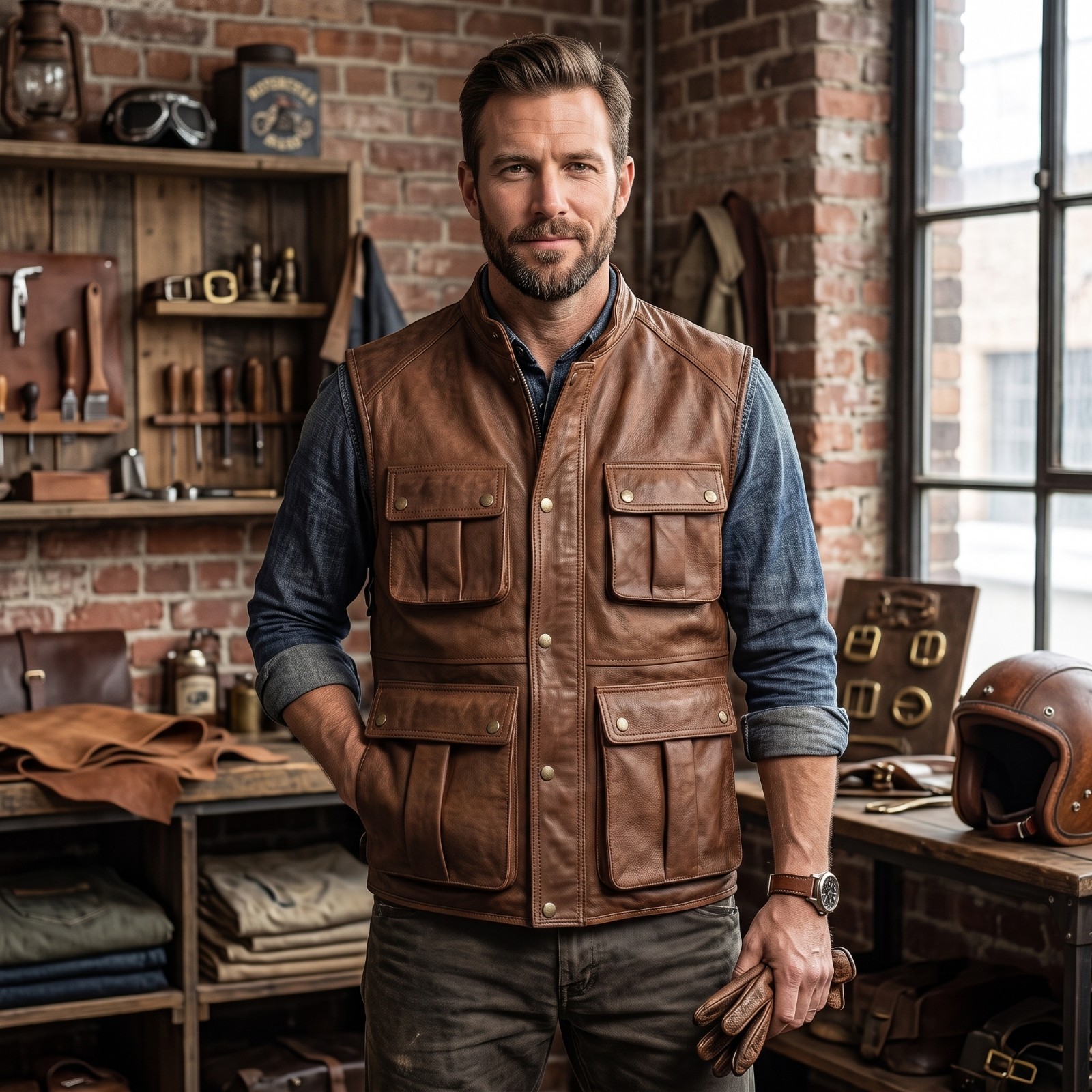 Mens Brown Leather Utility Vest Multi Pocket Snap Front Casual Outdoor Gilet