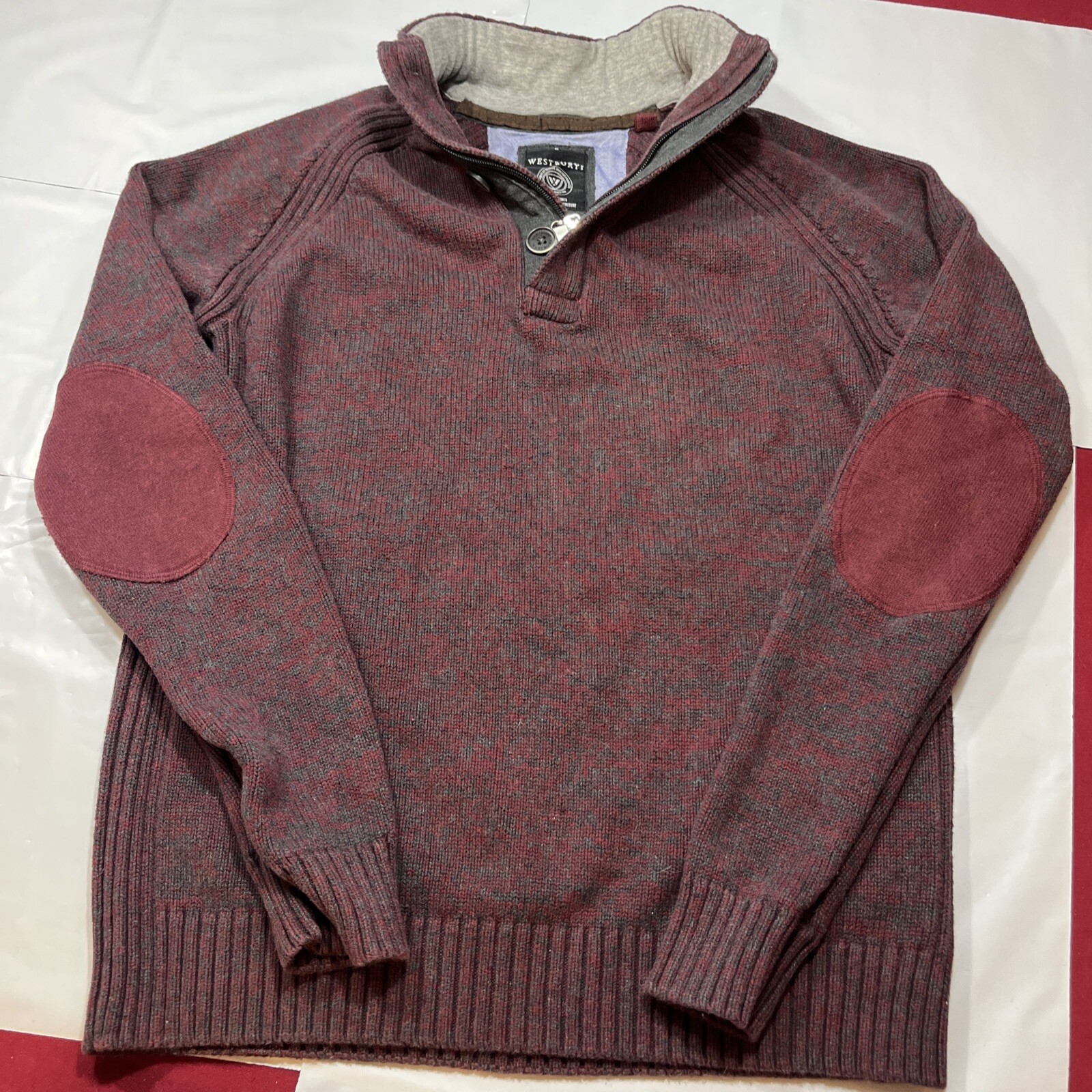 Westbury RED SWEATER Cotton Nylon Burgundy Gray 1/4 Zip Button High Neck Men Med
