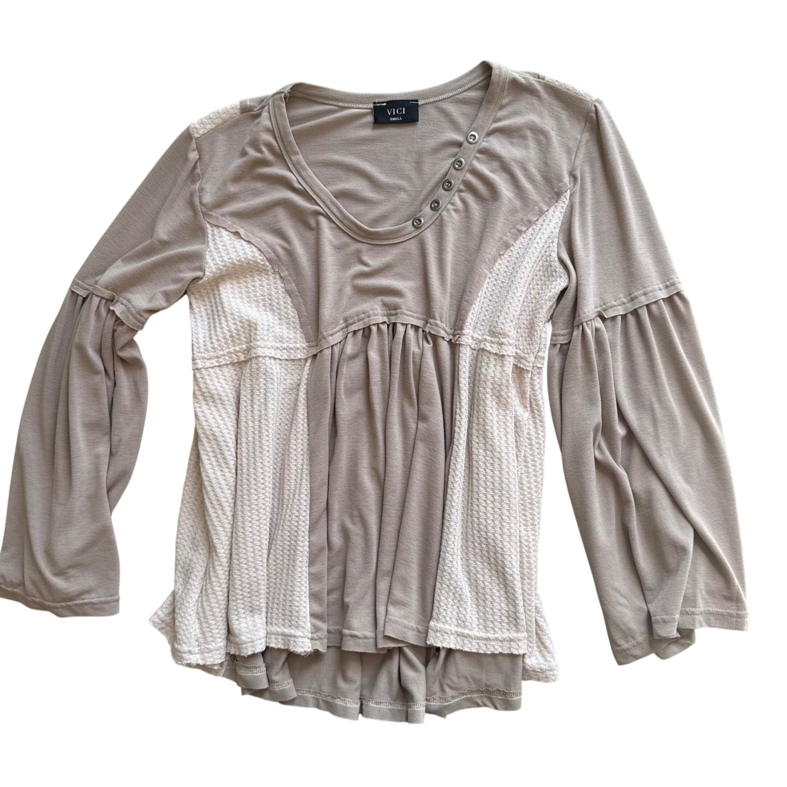 VICI Womens Small Taupe Waffle Knit Babydoll Bell Sleeve Top Boho Peasant Fairy