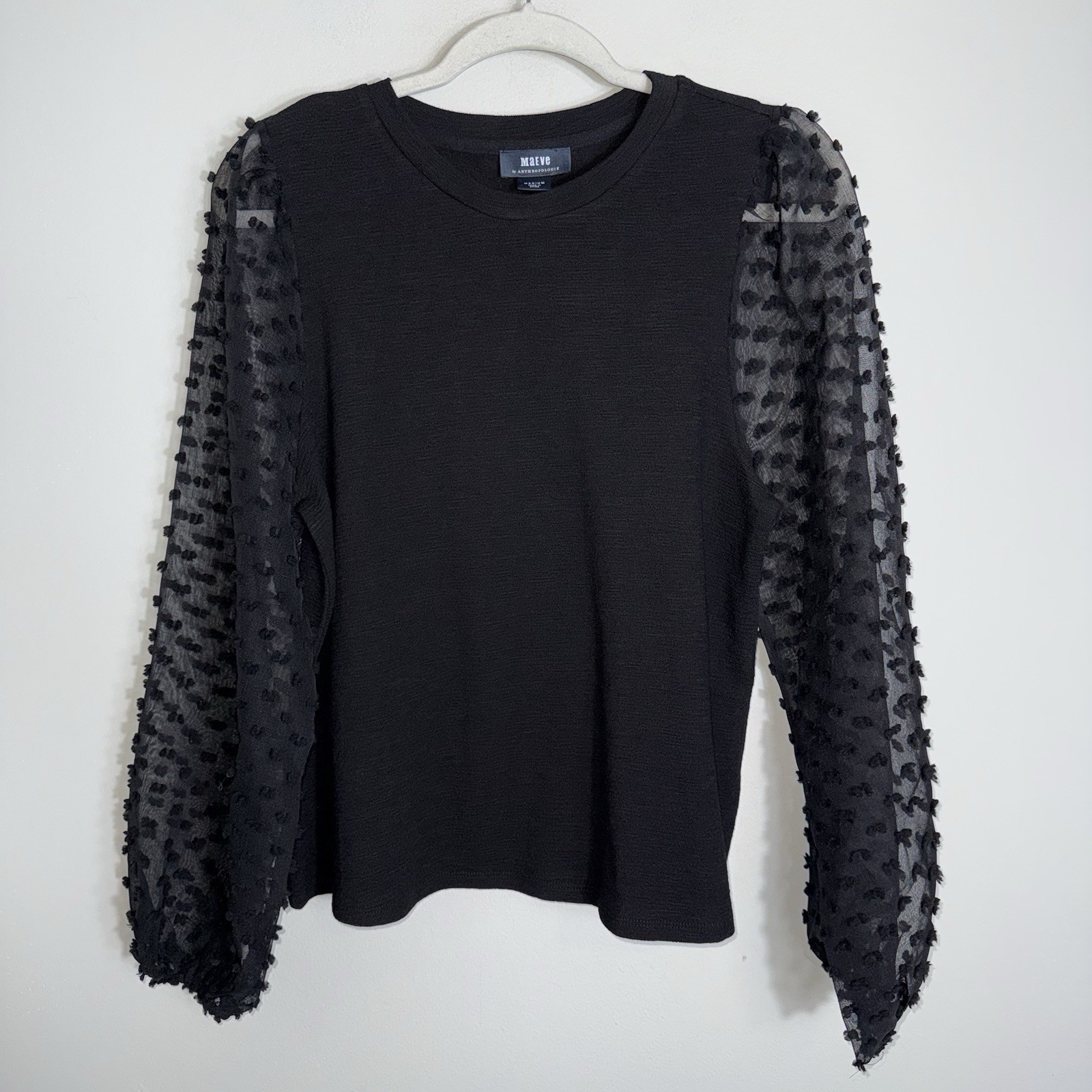 Maeve Anthropologie Pullover Blouse-Puff Semi Sheer Polka Dot Sleeves-Black-Med