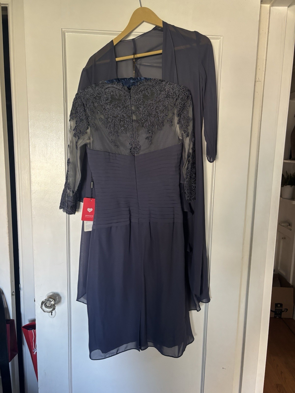 JJ’s House Stormy Chiffon Lace Beaded A-Line Knee Length Dress, US 2