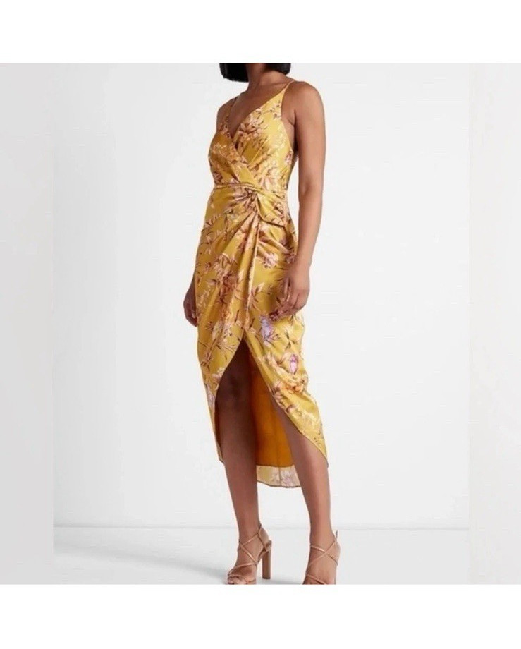 Flowers Yellow Floral Wrap Midi Dress Sleeveless V-Neck Slit Ruched M