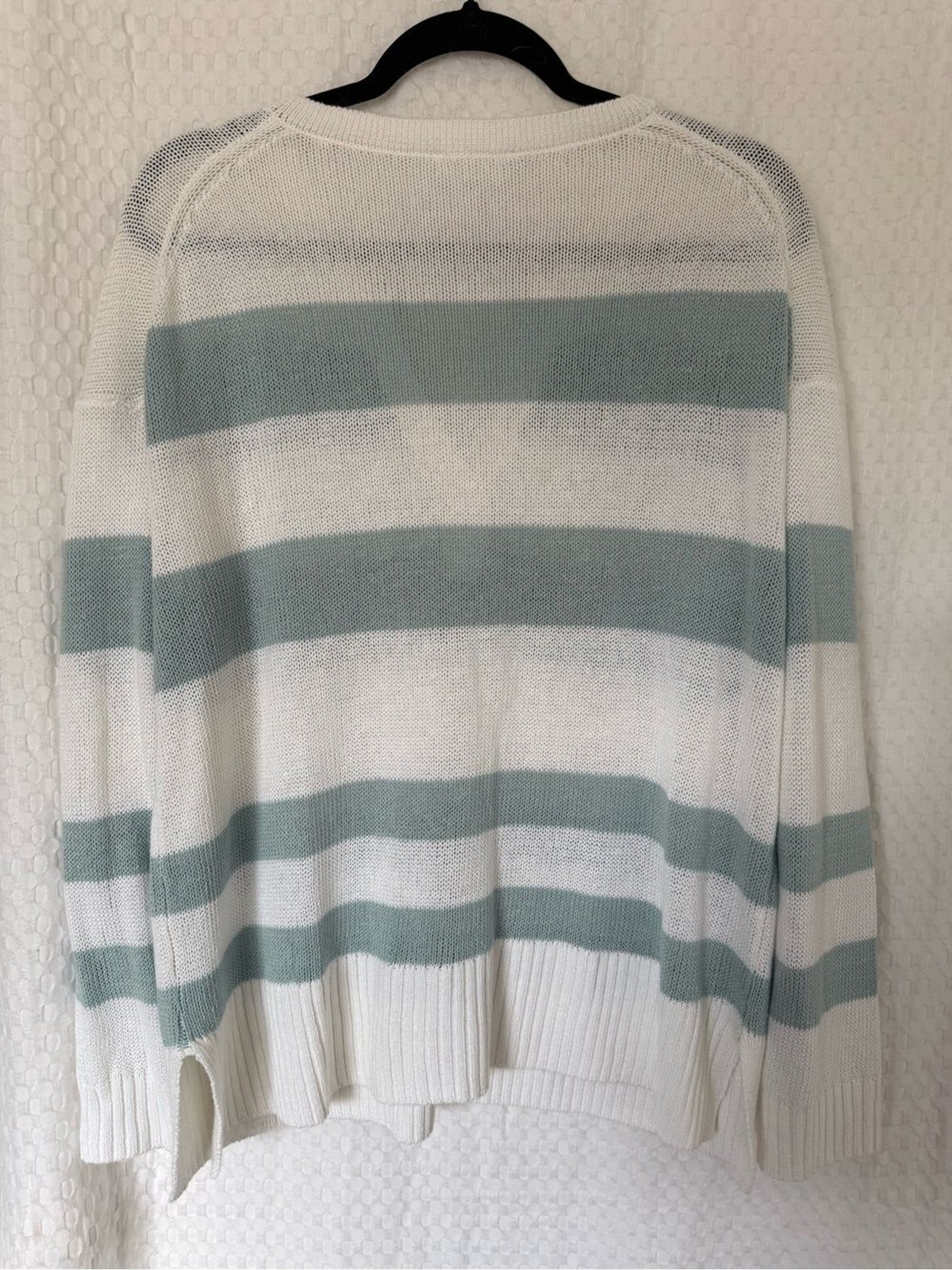 Haven Well Within Linen Cotton Stripe V-Neck Sweater Size L Coastal Blue