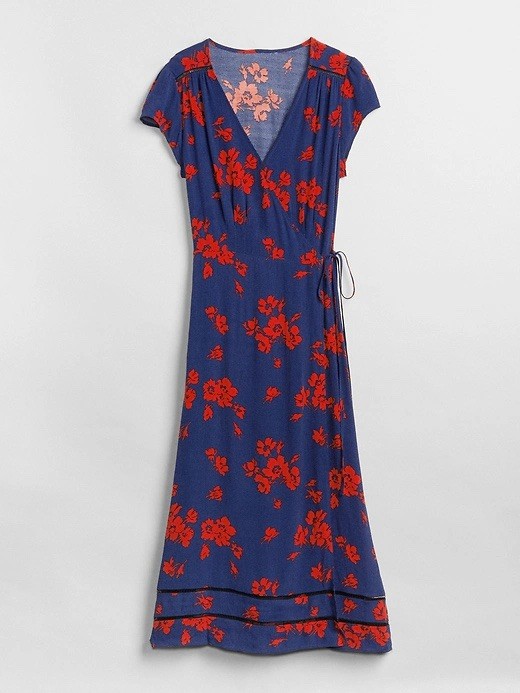 GAP Navy Floral Print Midi Wrap Dress Sz Medium True Wrap Boho Summer Beach