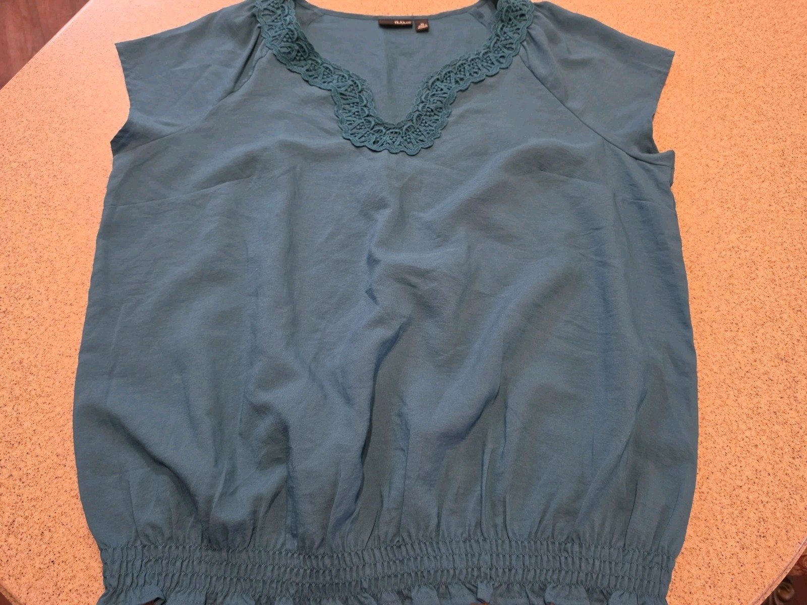 a.n.a XL Teal Peasant Blouse Crochet Lace Trim Smocked Boho Cottagecore Top