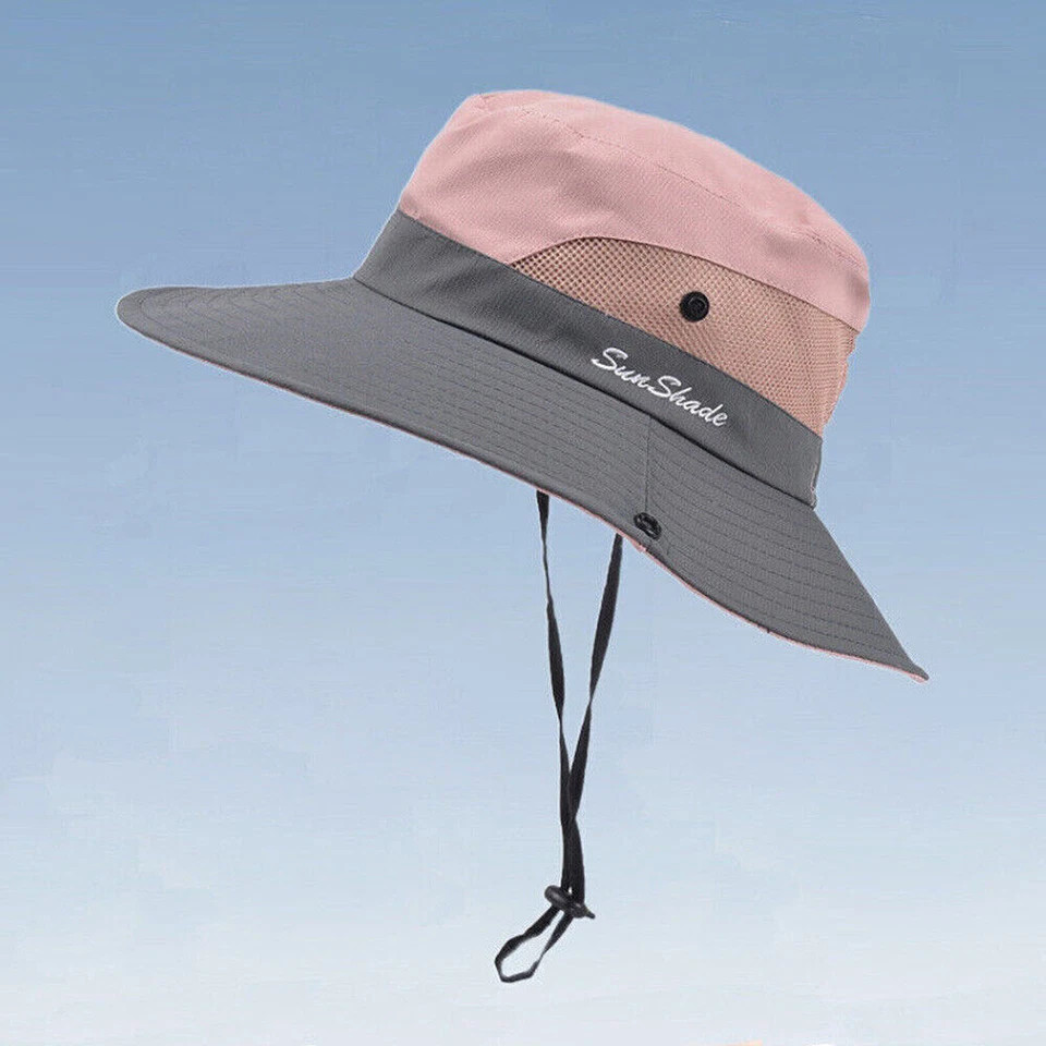 Women’s Summer Bucket Hat Travel Boonie Ponytail Wide Brim Sun UV Protection Cap