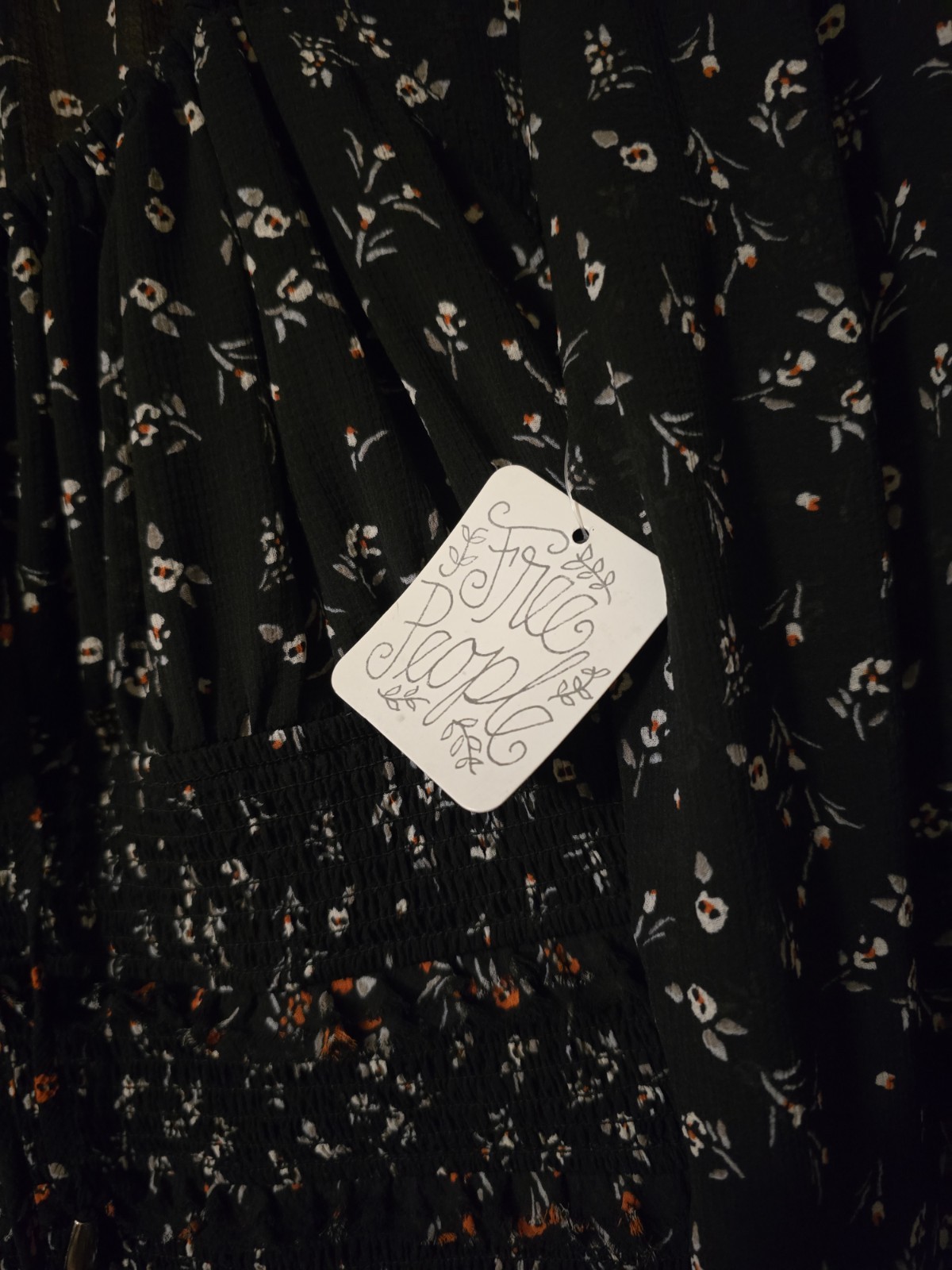 Free People Black Floral Chiffon Smocked Tie Cropped Puff Long Sleeve Blouse M