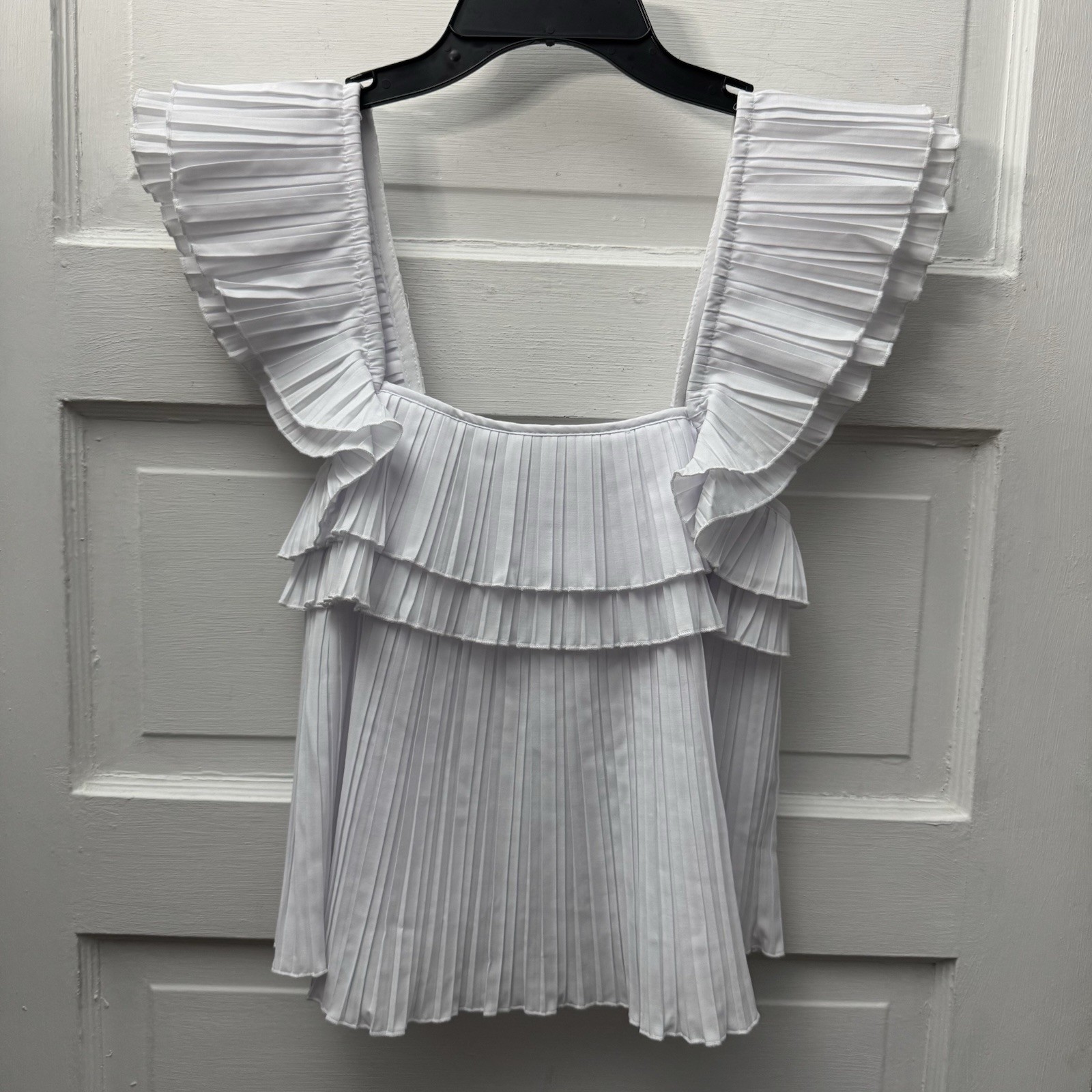 Zara White Pleated Ruffle Sleeveless Top Size S Square Neck Blouse