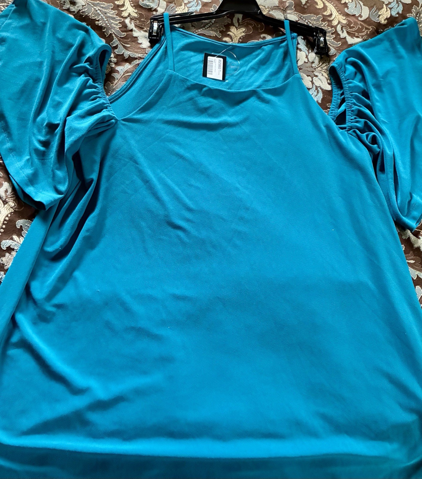 BEBE Blue Solid Cold Shoulder Off Shoulder Flutter Sleeve Blouse Womens XL