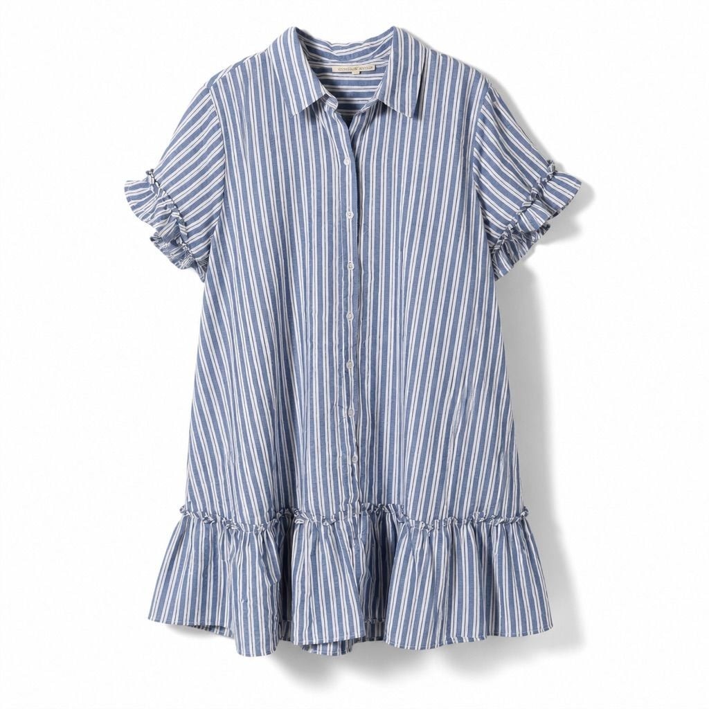 Kings Road Women’s Blue and White Striped Short Sleeve Button-Front Ruffle