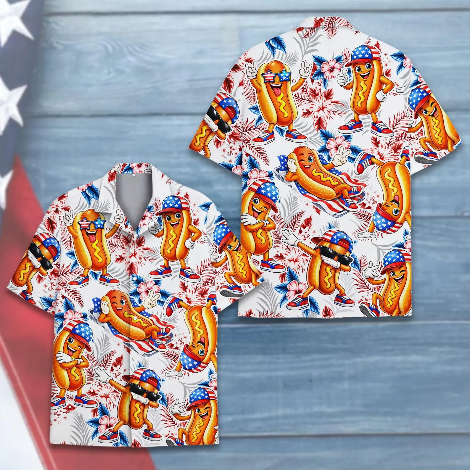 Hot Dog American Flag Hawaiian Shirt Funny Foodie Patriotic Button-Down