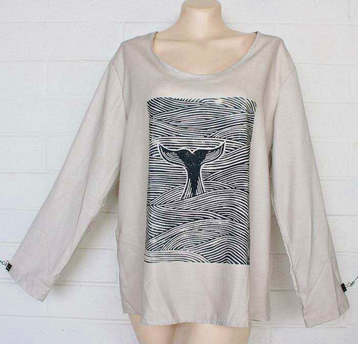 Gray Whale Tail Japanese Line Drawing Scoop Neck Rayon Tunic Top One Size