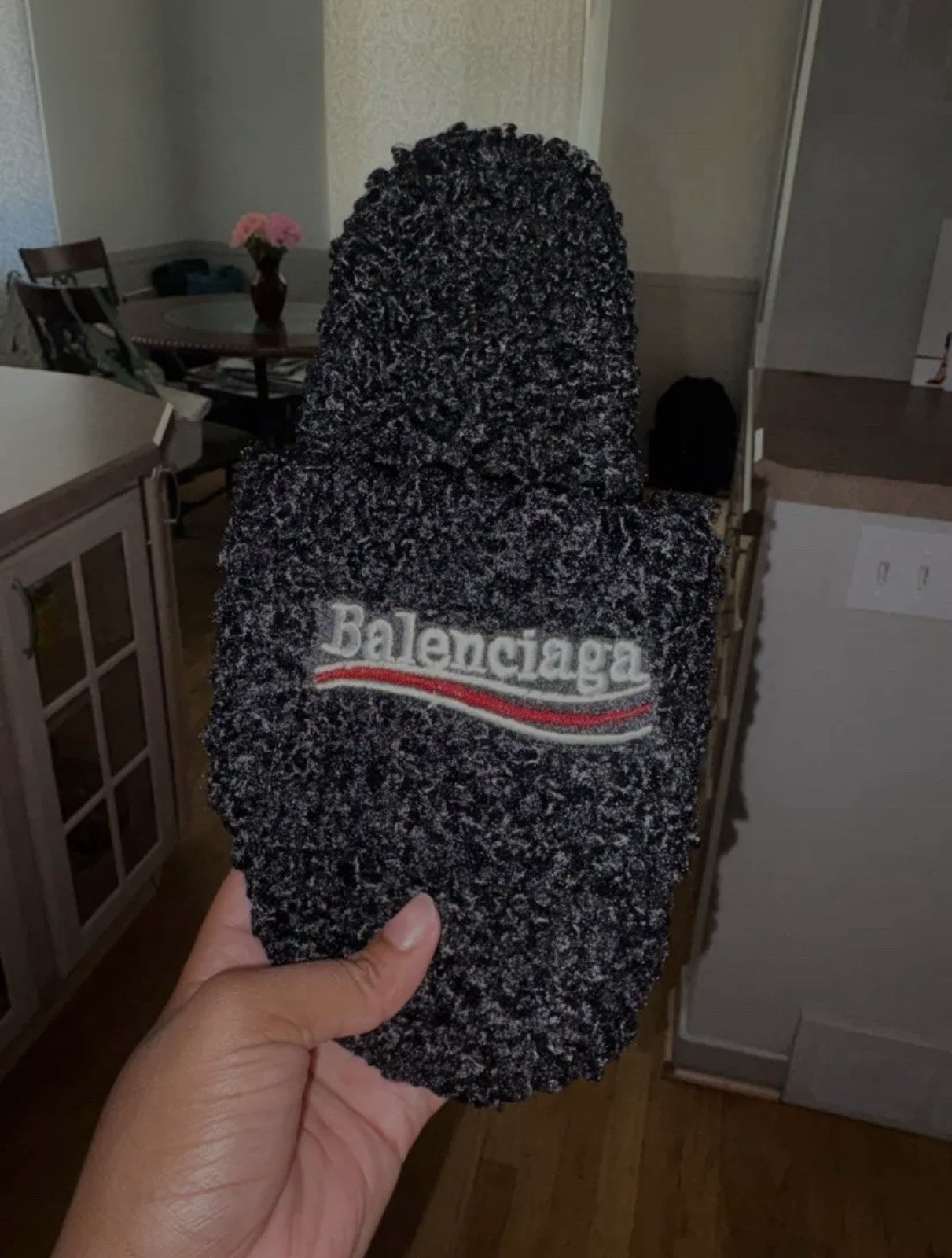 Balenciaga Men’s Logo Faux Fur Slide Slippers Black Open Toe US 8.5