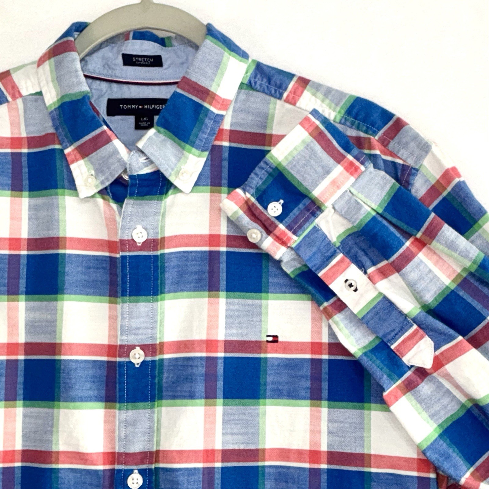 Tommy Hilfiger Shirt Men’s Large Blue White Red Green Plaid Button Up Stretch