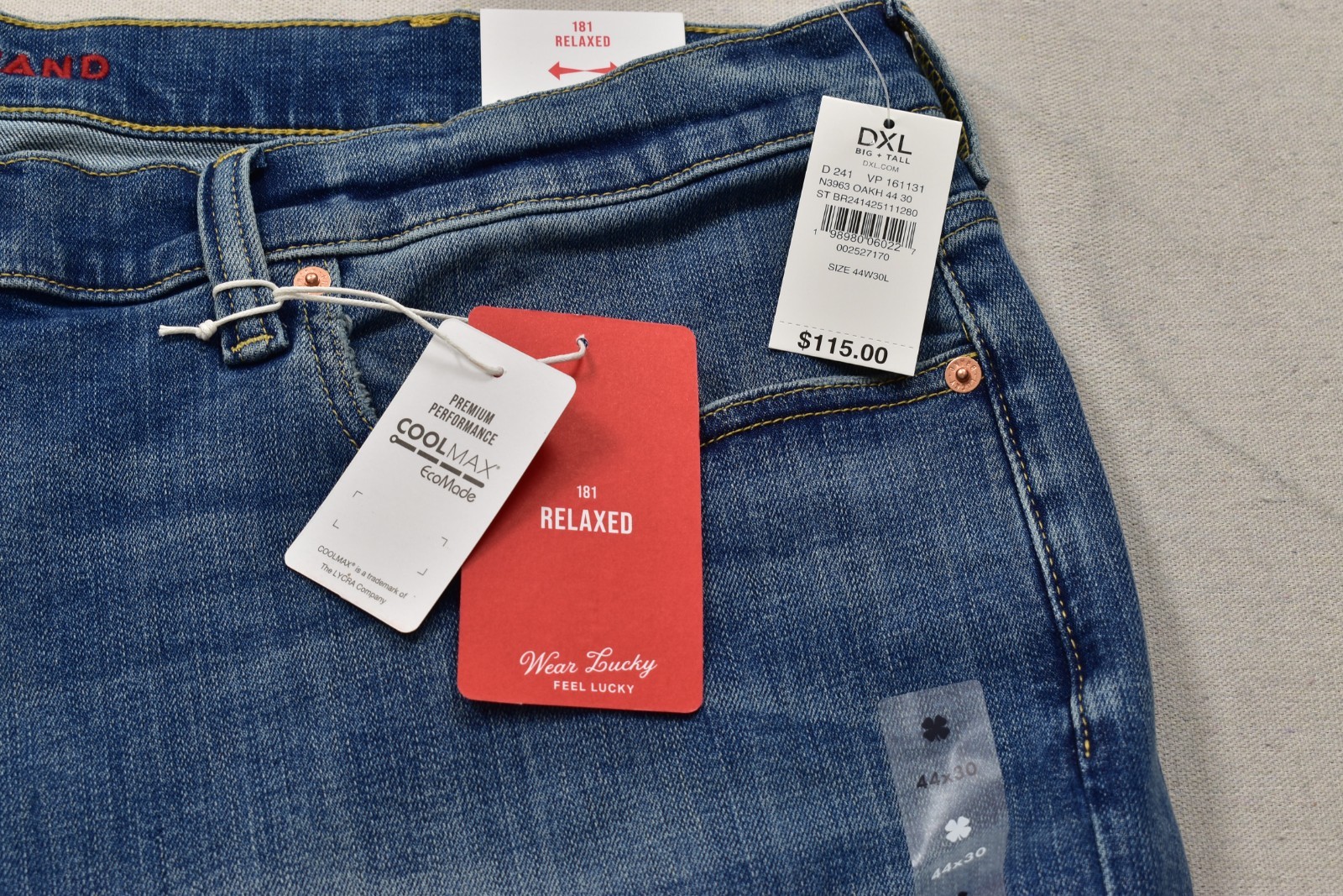 Lucky Brand Men’s 181 Relaxed Blue Denim Jeans Zip Cool Max Cotton 44×30 NEW