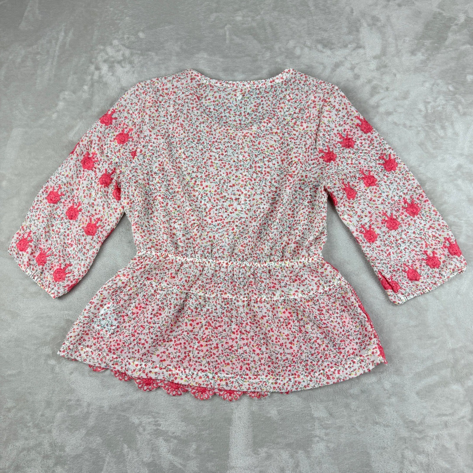 GUESS Babydoll Shirt Women M Pink Floral Embroidered Blouse Top Boho Cottagecore