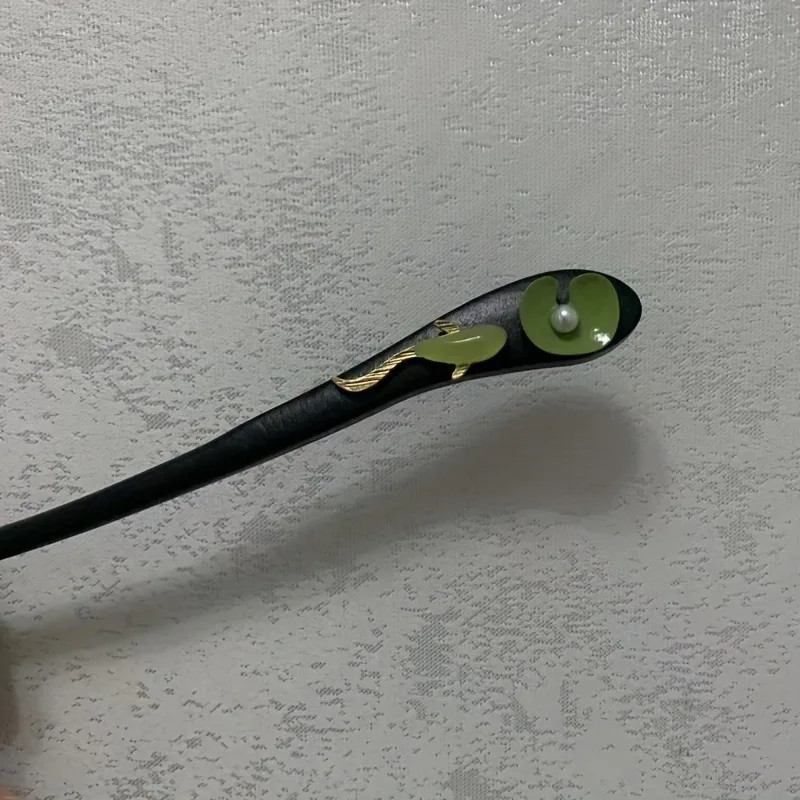 1pc Chinese Style Hair Stick: Black Wood with Gold, Green & Pearl Accents, Intri
