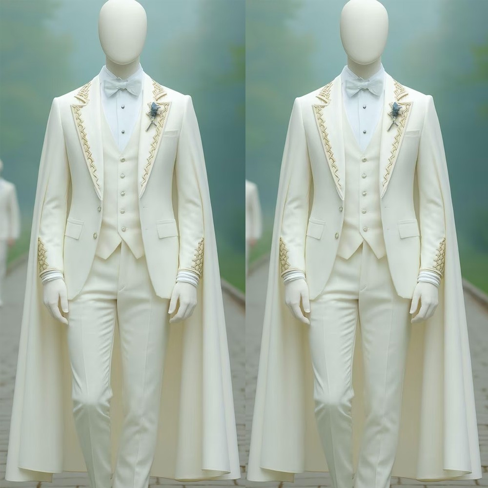 Fashion Ivory Men’s Suits with Long Cape Wedding Evening Party Prom Three Pieces