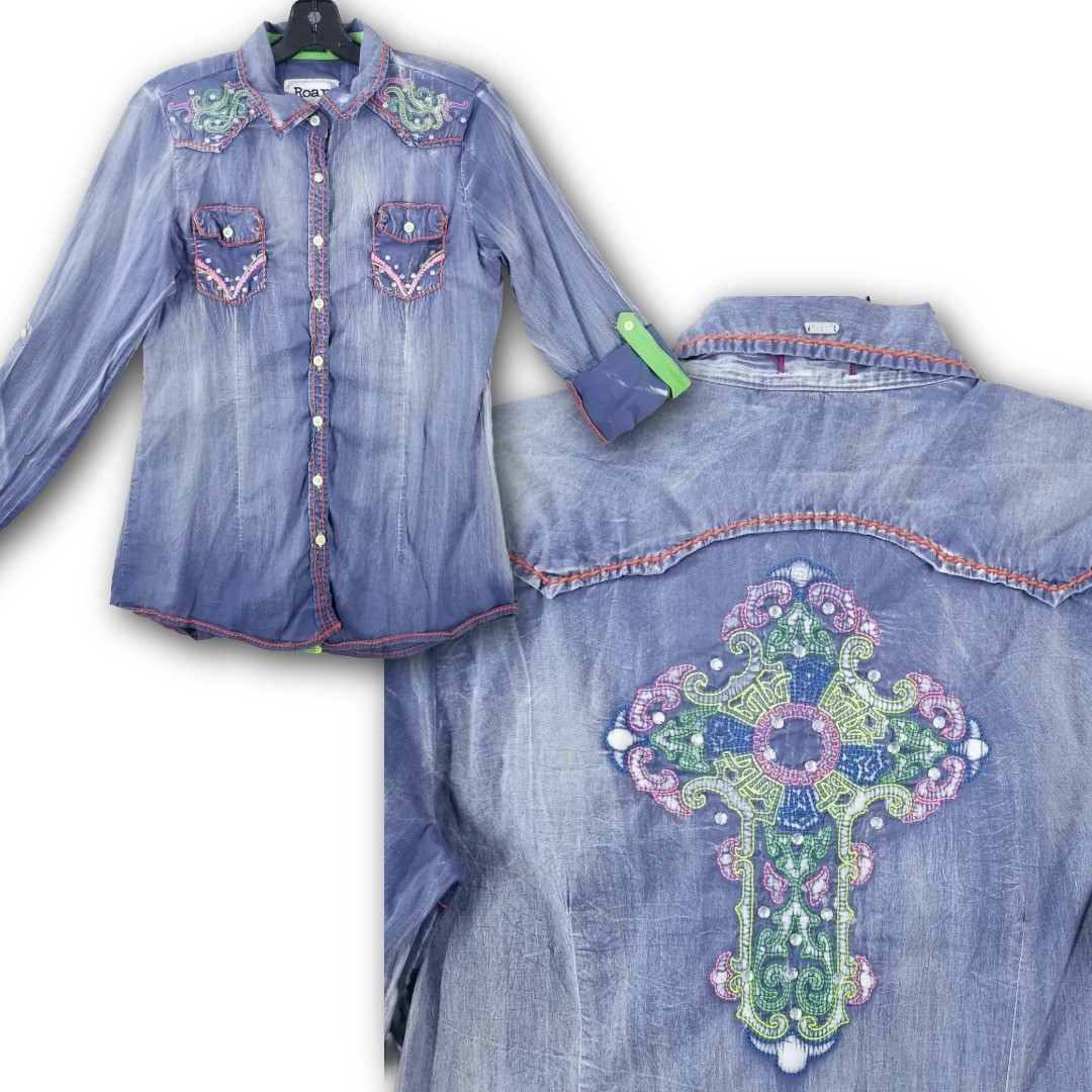 Vintage Roar Western Shirt Womens L Blue Embroidered Cross Rhinestone Stretch