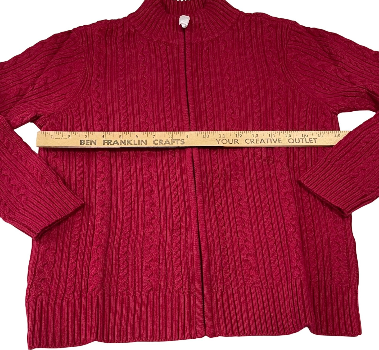 Appleseed’s Wool Blend Sweater Jacket PL Red Vibrant Cable Knit Fisherman Preppy