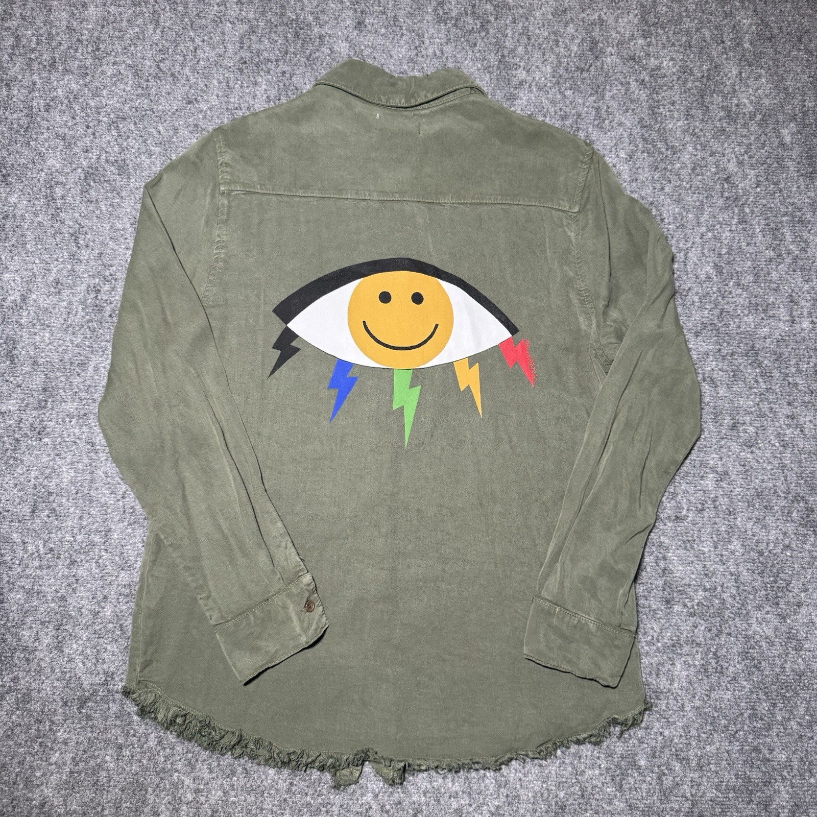 Lauren Moshi Military Green Button Up Shirt Eye Peace Smile Frayed Long Sleeve S