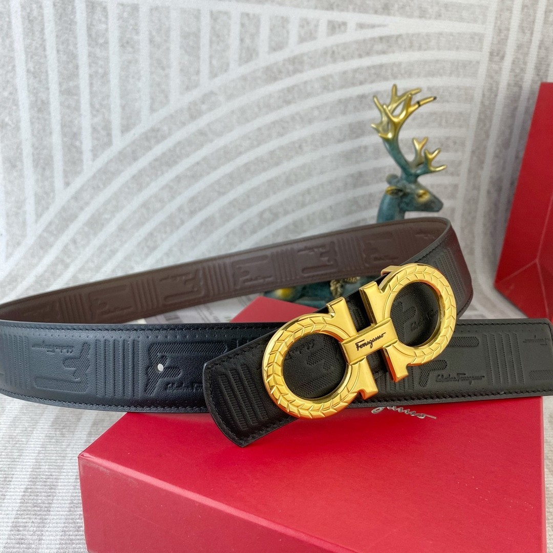 Ferragamo Handcrafted Leather Belt Reversible width 3.8cm/1.5inch Gold Buckle