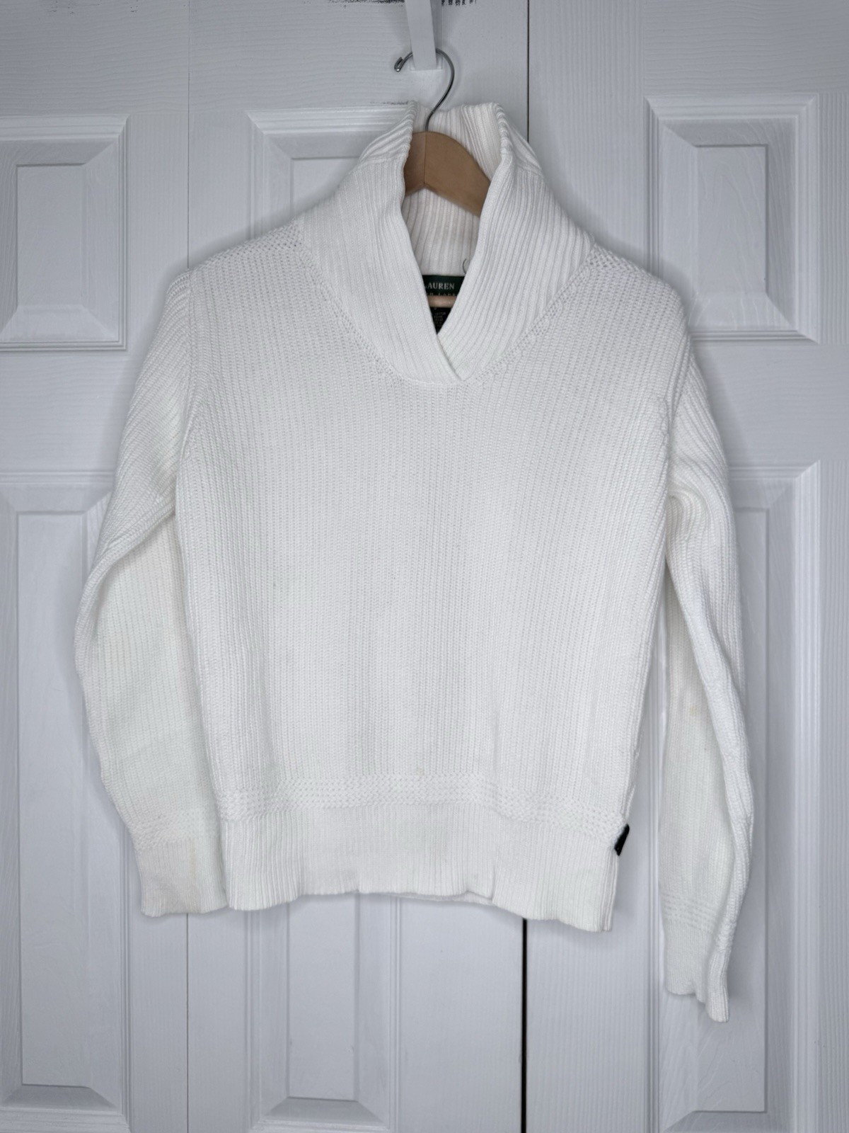 LAUREN RALPH LAUREN White Ribbed Knit Shawl Collar Pullover Sweater Women S