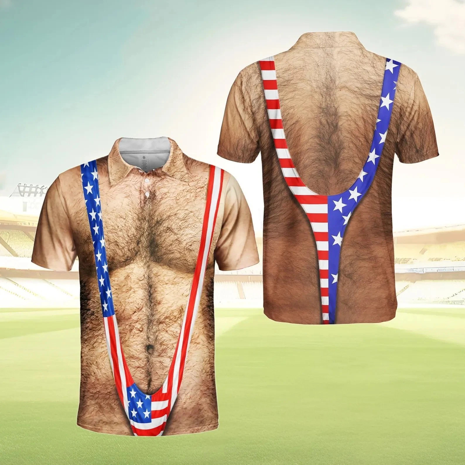 Funny American Flag Polo Shirt For Men, Hairy Chest Illusion USA Print Polo Gift