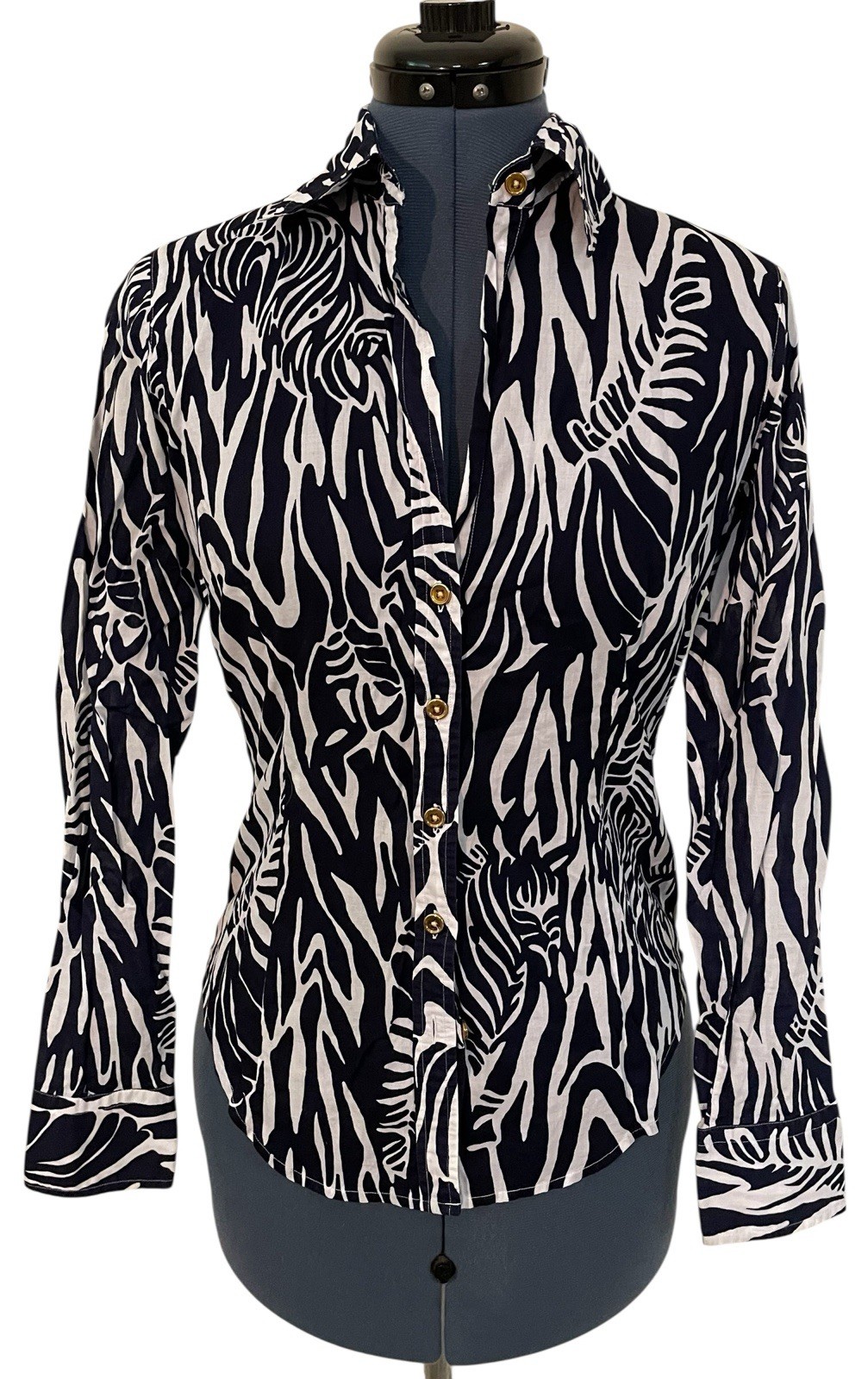 Lilly Pulitzer Catching Zzz’s Blue White Zebra Print Blouse Preppy Safari Boho 4