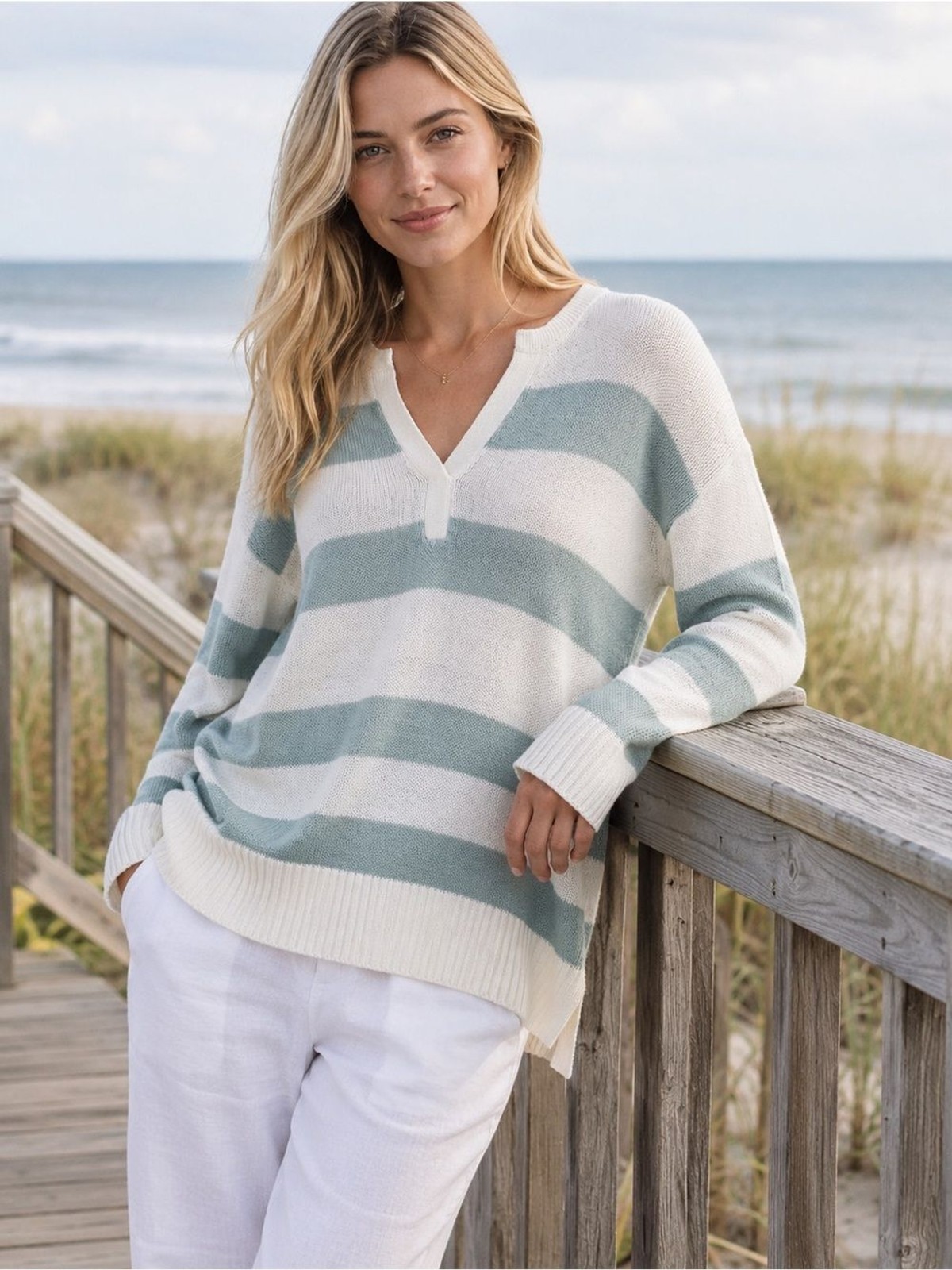 Haven Well Within Linen Cotton Stripe V-Neck Sweater Size L Coastal Blue
