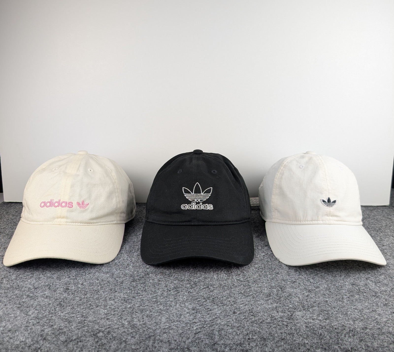 Lot of 3 Adidas Hat Cap StrapBack Trefoil Black White Beige Pink Baseball Womens