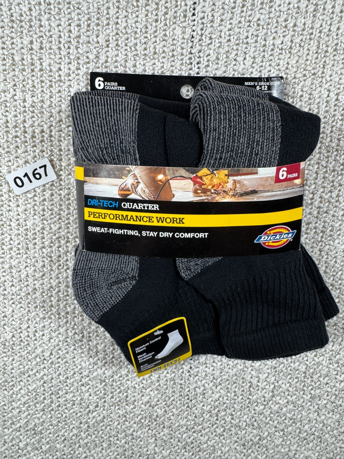 Dickies Dri-Tech Performance Work Quarter Socks 6 Pair Men’s 6-12 Black NWT 0167