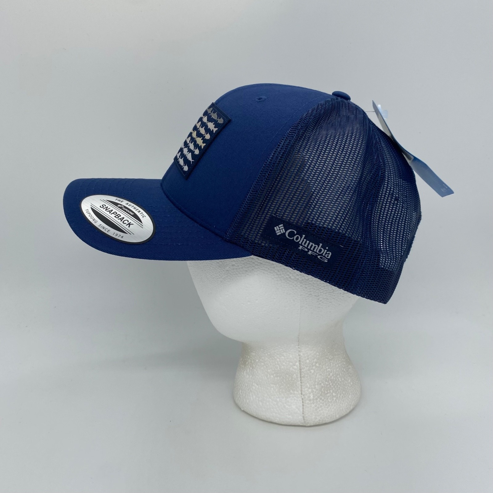 Columbia PFG Mesh Back Snapback Hat Cap Fish Flag Solid Blue Adjustable Unisex