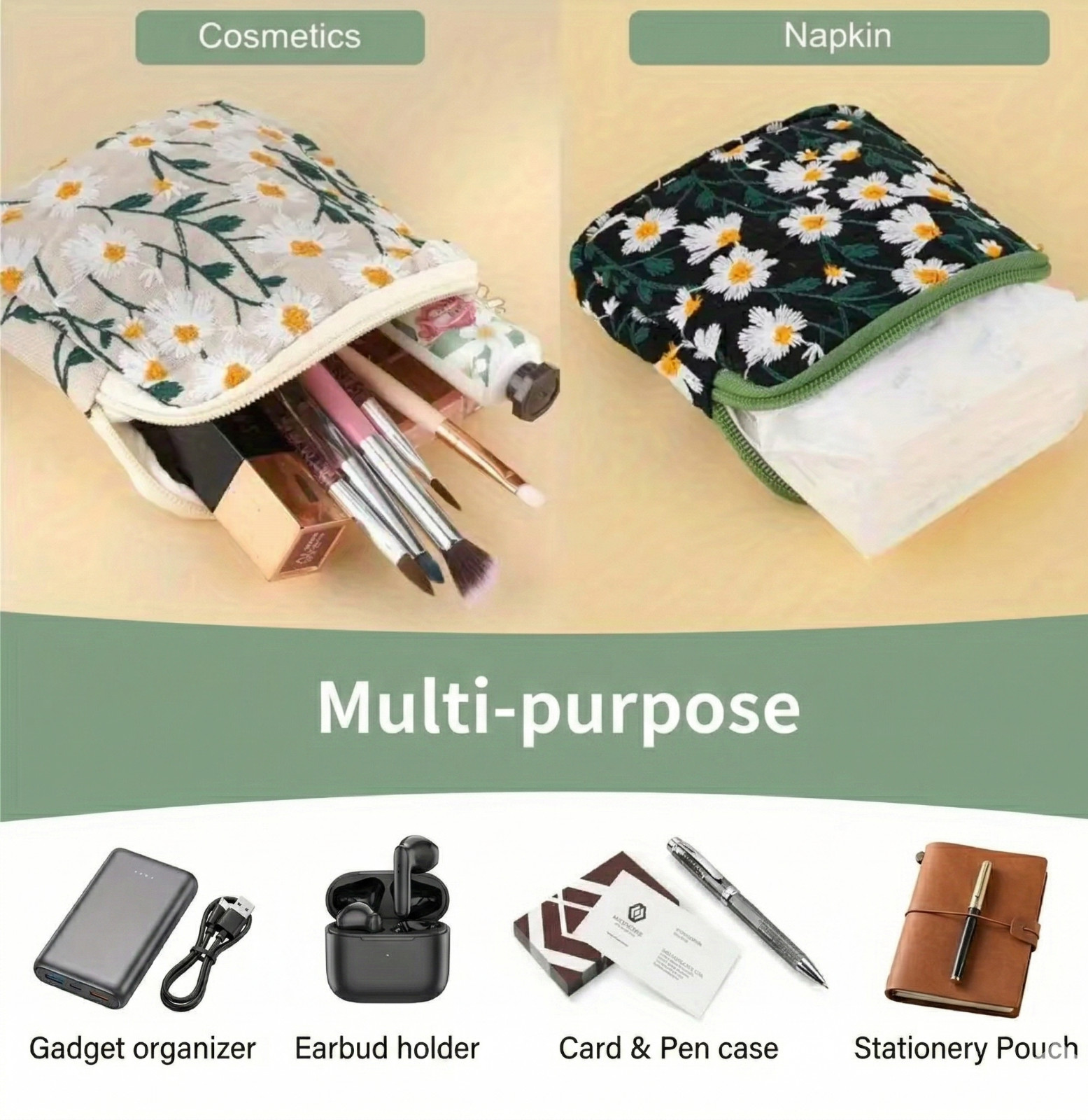 Daisy Embroidered Small Makeup Bag Floral Zipper Travel Pouch