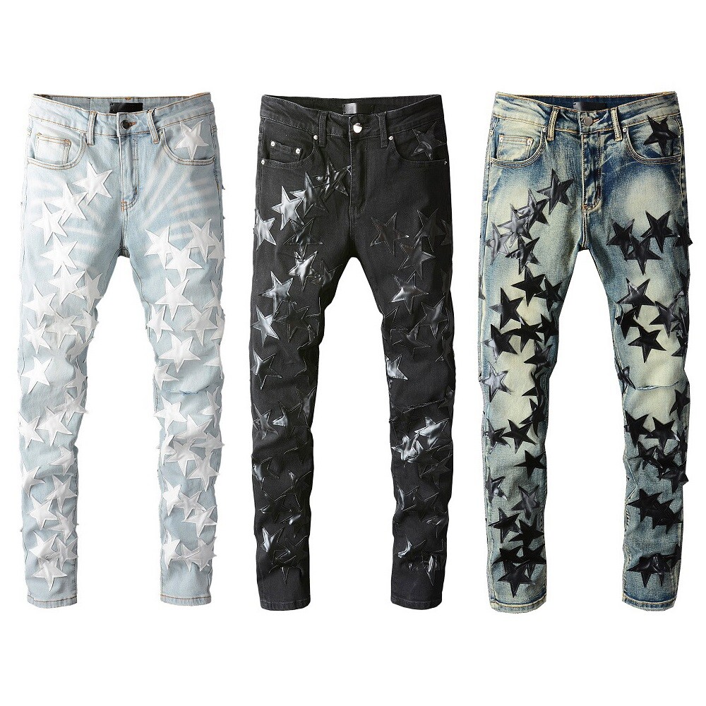 Men’s Ripped STAR PU Patchwork Grunge Skinny fit stretch Denim Washed jeans