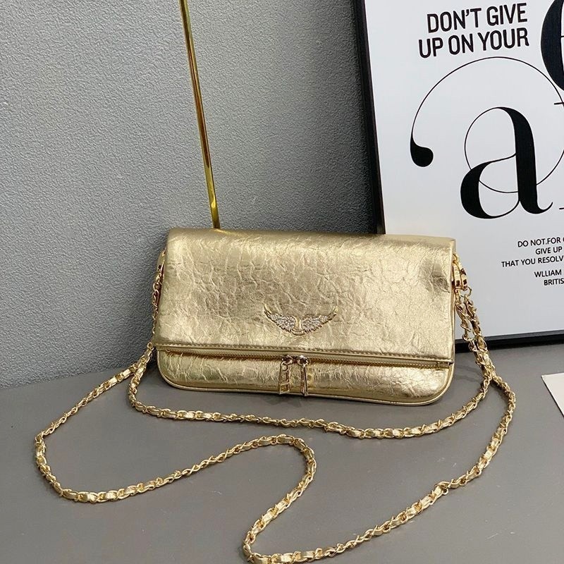 Zadig & Voltaire Rock Wing Gold Crinkled Bag Crystal Wing Crossbody 27x15cm